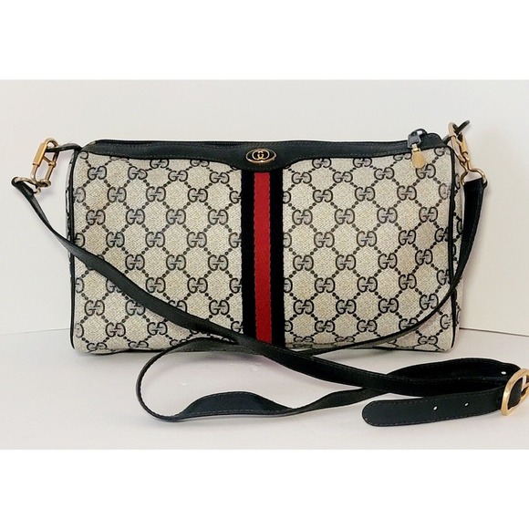 Gucci Handbags - Vintage Gucci Double GG Supreme Crossbody Bag Web Navy Canvas Rare 1980s